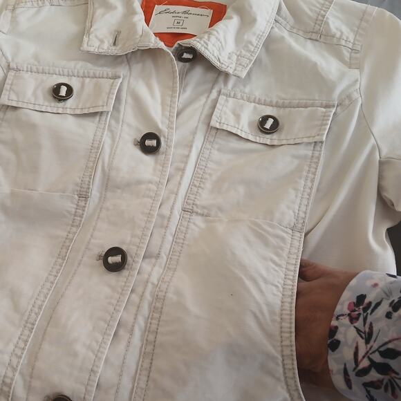Eddie Bauer Women’s M Beige Safari Field Jacket Travex Patchwork Elbow Utility - Picture 7 of 14